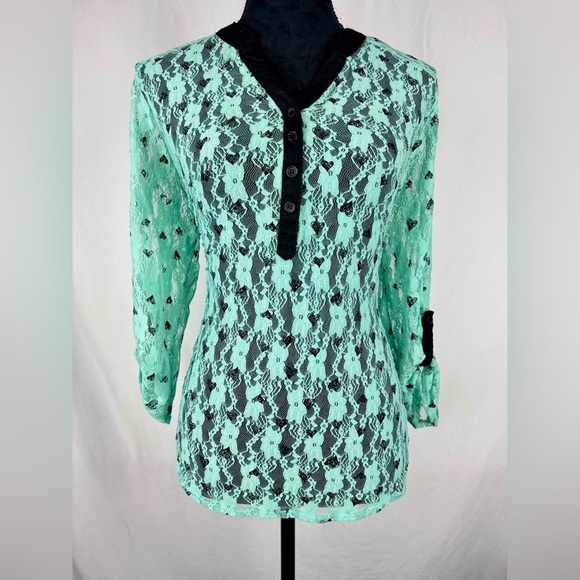 No Boundaries Tops - No Boundaries Mint Green Lace Long Sleeve Top with Black Roll Tab Sleeves